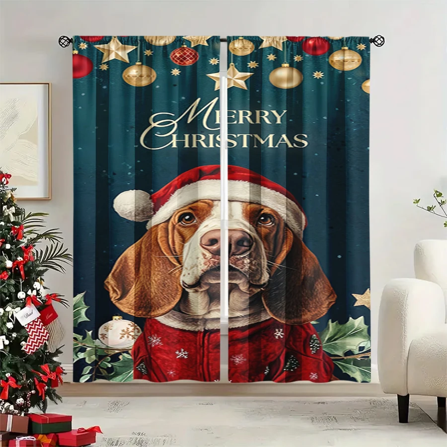 2PCS Christmas Winter Curtains, Christmas Dog Beagle Santa Hat Ball Star, Digital Print, Bedroom Living Room, Home Decor