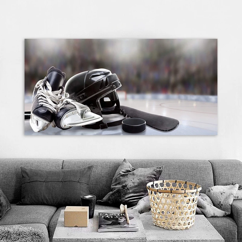 Hockey Helmet Skates Stick and Puck on Ice Posters Wall Art Pictures for Living Room Canvas Painting Modern Home Decor No Frame