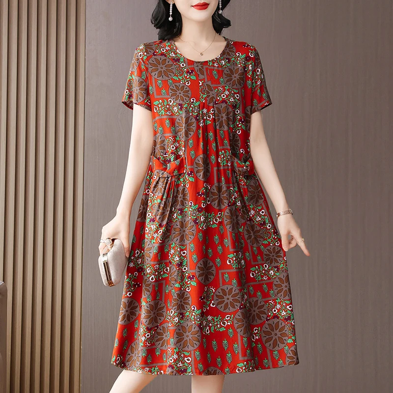 New Fashion 2023 Casual O-Neck Dresses Clothes Vintage Elegant Vestidos Short Sleeve Print Floral Plus Size Women Summer Dress