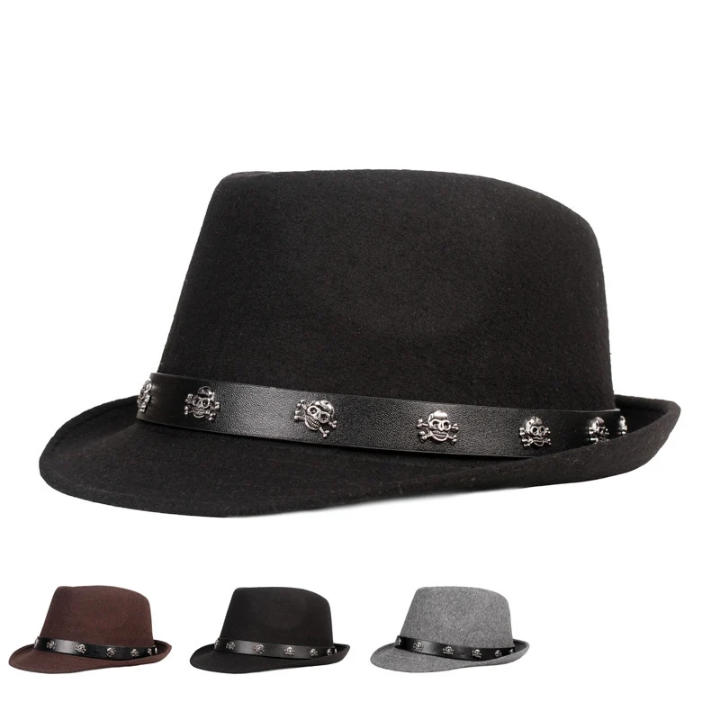 QBHAT Classic Top Hat Spring Winter Men Short Brim Felt Fedora Hat with Skull Belt Black Panama Vintage Trilby Gentleman Cap