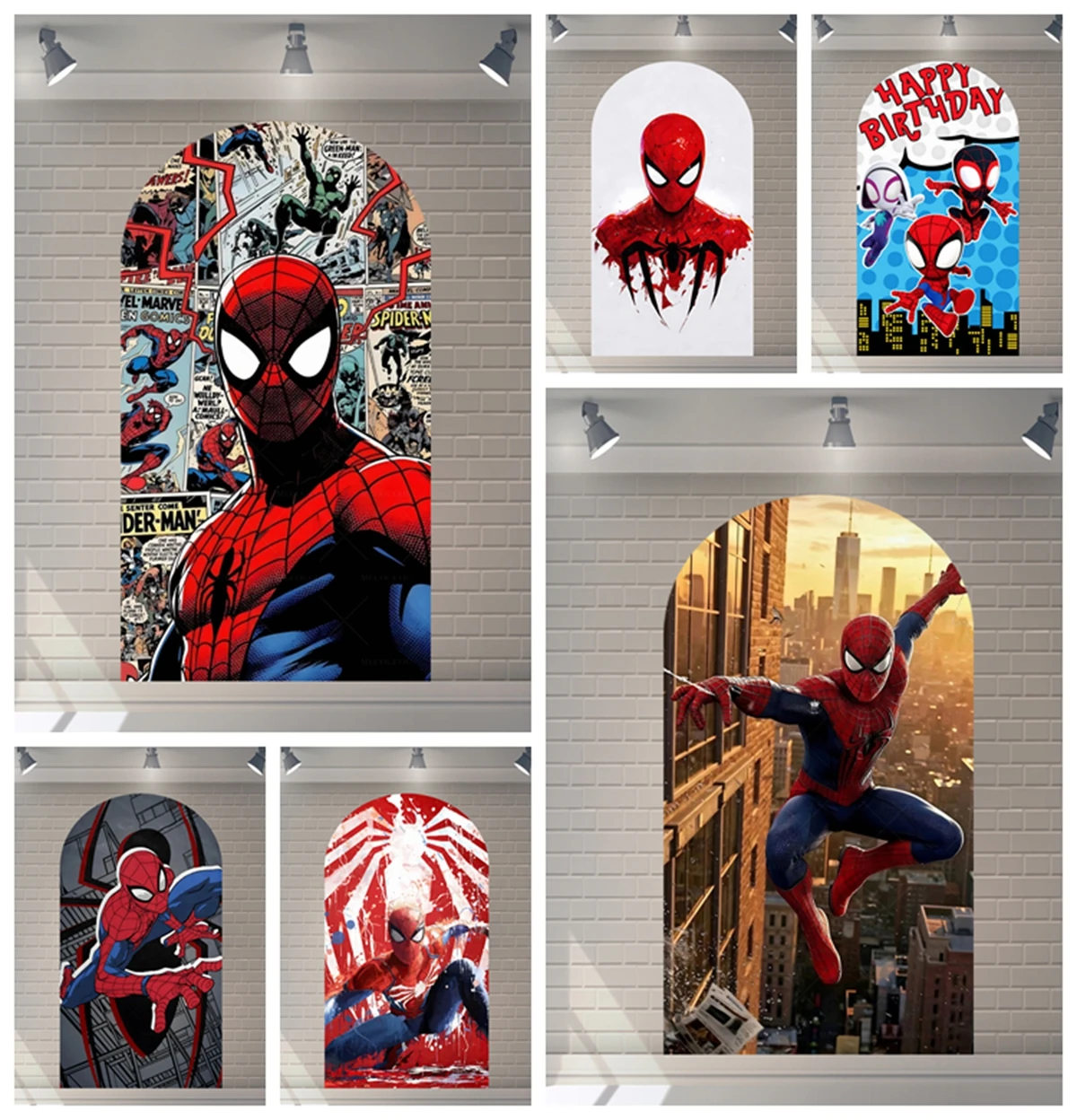 

Spider Man Themed Arched Background Cover Marvel Comic Style City Building Boy Birthday Party Baby Shower Photo Decoration Props