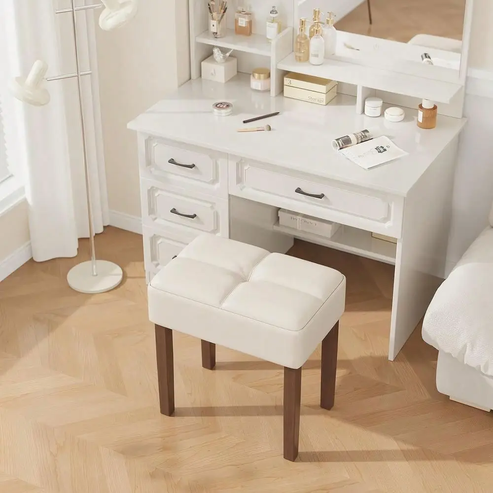 

Vanity Stool, 18.7 Inch Wide Rectangle Ottoman Bench For Makeup Room, Vanity Chair With Wood Legs For Piano Room, Bedroom,Livin