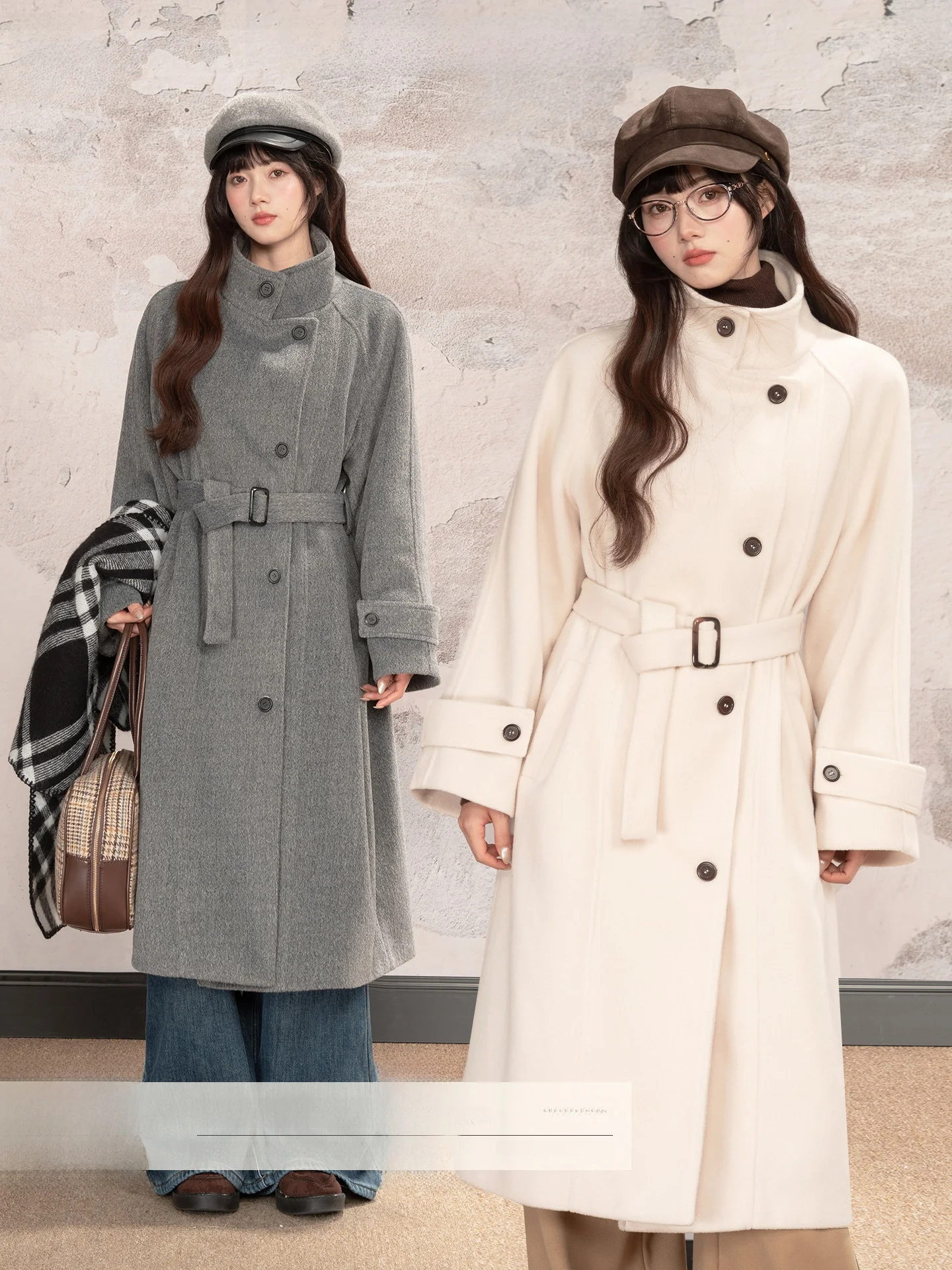 

Loveheynew Long Woolen Coat Women's Winter Waist-Cinching Stand Collar Belted Outerwear in Apricot Color Korean Sle Commute
