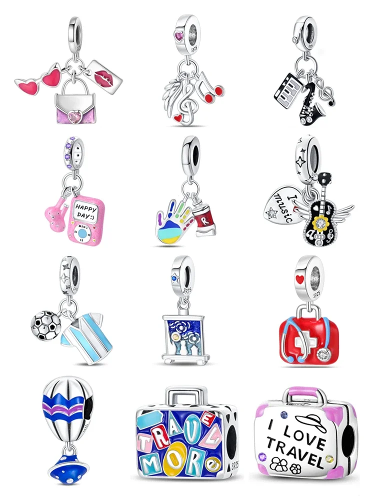 925 Sterling Silver Charms Bead Music Trip Fit Original Bracelet Bag Keychain Earring Charm Bead Pendant Diy Women Jewelry Gift