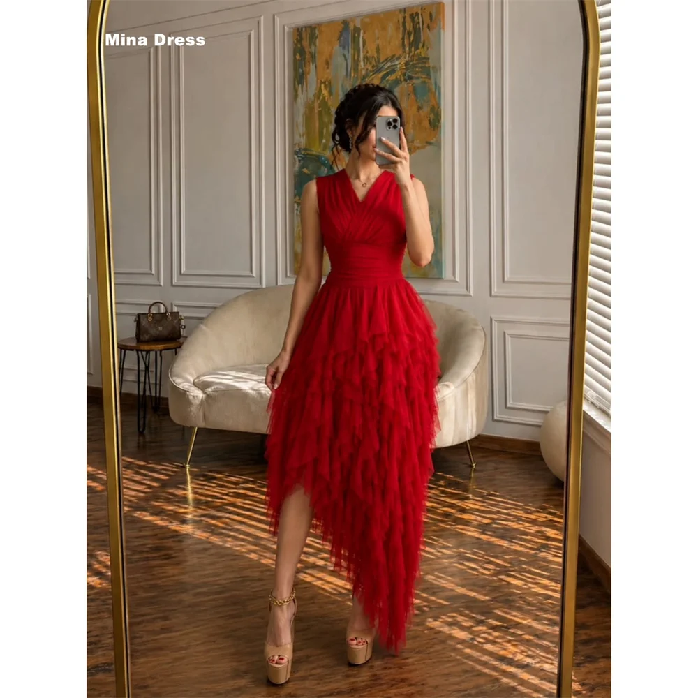 Mina Customized Burgundy Blue V-neck Multi-layered Sleeveless Pleatedhigh-low Luxury Party Dresses for Special Occasions Events