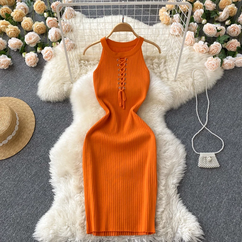 Halter Sleeveless Bandage Hollow Elastic Knit Bodycon Dress French Sexy Chic Elegant Party Vestido Women Summer Slim Women Dress