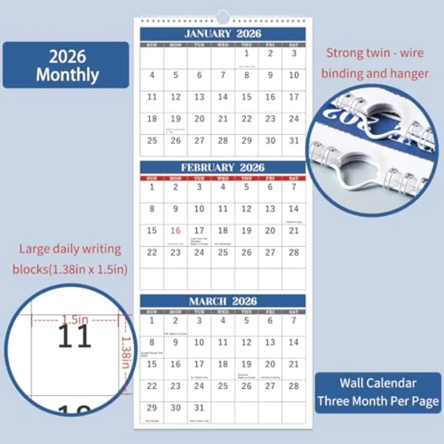 2026 تقويم الحائط 3 أشهر تقويم الحائط عمودي 2026 مطوية في شهر ديسمبر 2025 يناير 2027 11 "× 26" تقويم 2026 3 أشهر Displ #4