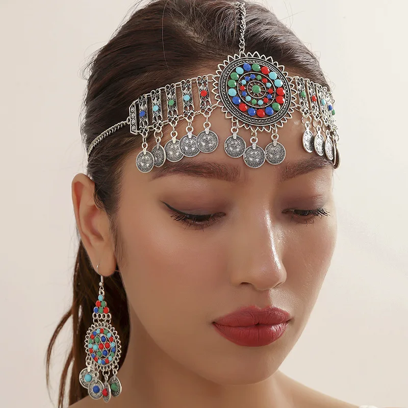 Bohemian Ethnic Indian Head Jewelry Retro Alloy Hollowed Out Colored Acrylic Coin Tassel Head Chain For Women Bridal Headdress