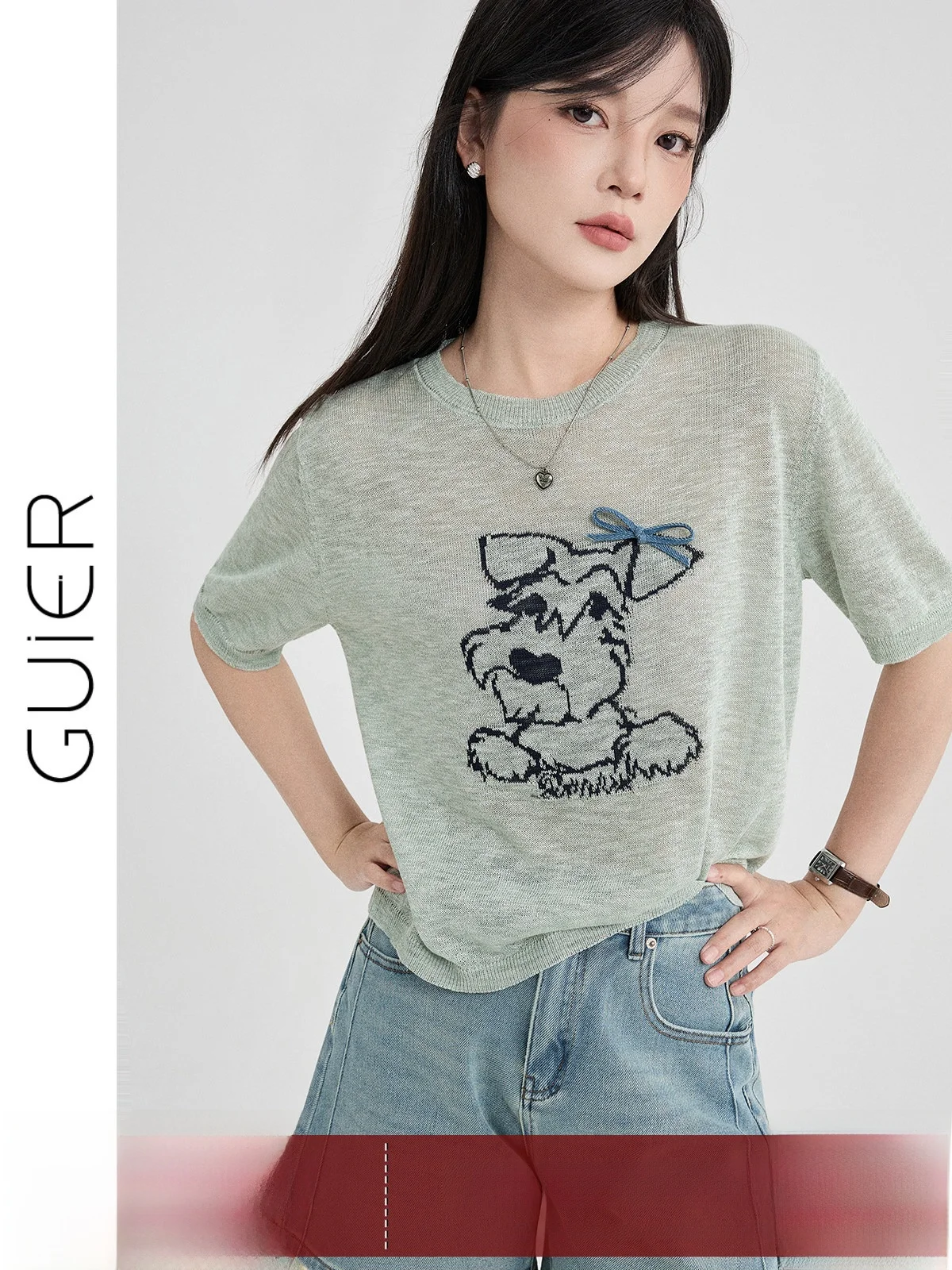 

Лето 2026: Новая модная женская футболка с вышивкой в виде милого щенка, вязаная, с коротким рукавом, круглым вырезом, повседневная, стандартного кроя