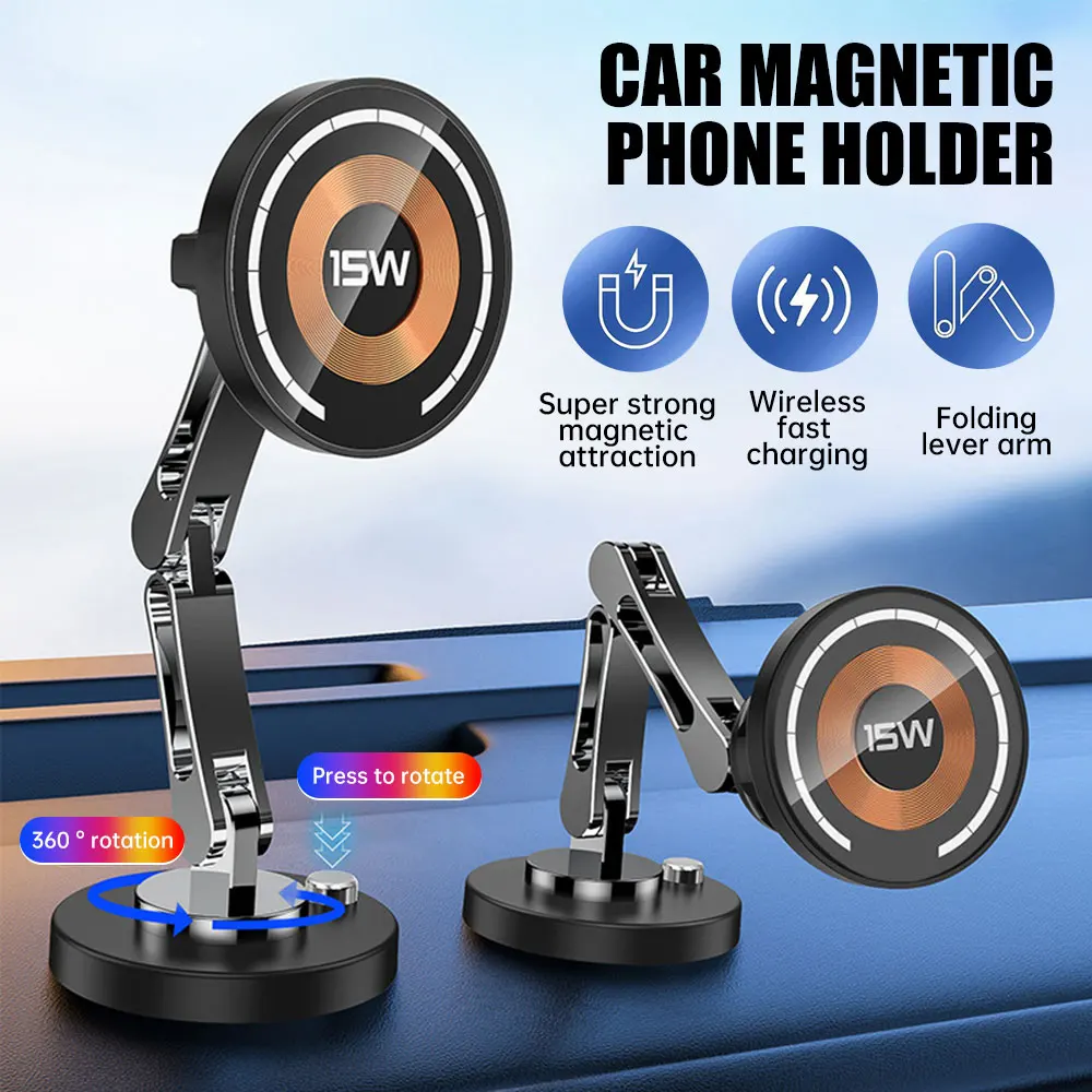 

15w Magnetic Wireless Car Charger Mount Foldable Phone Holder With 360° Rotation, Strong Magnet Stand For Iphone 15/14/13 Pro