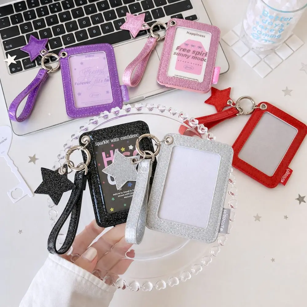 Glitter PU Photocard Holder with Wrist Strap Shiny Star Charm Photocard Case Decoration Waterproof Photocard Display Sleeve