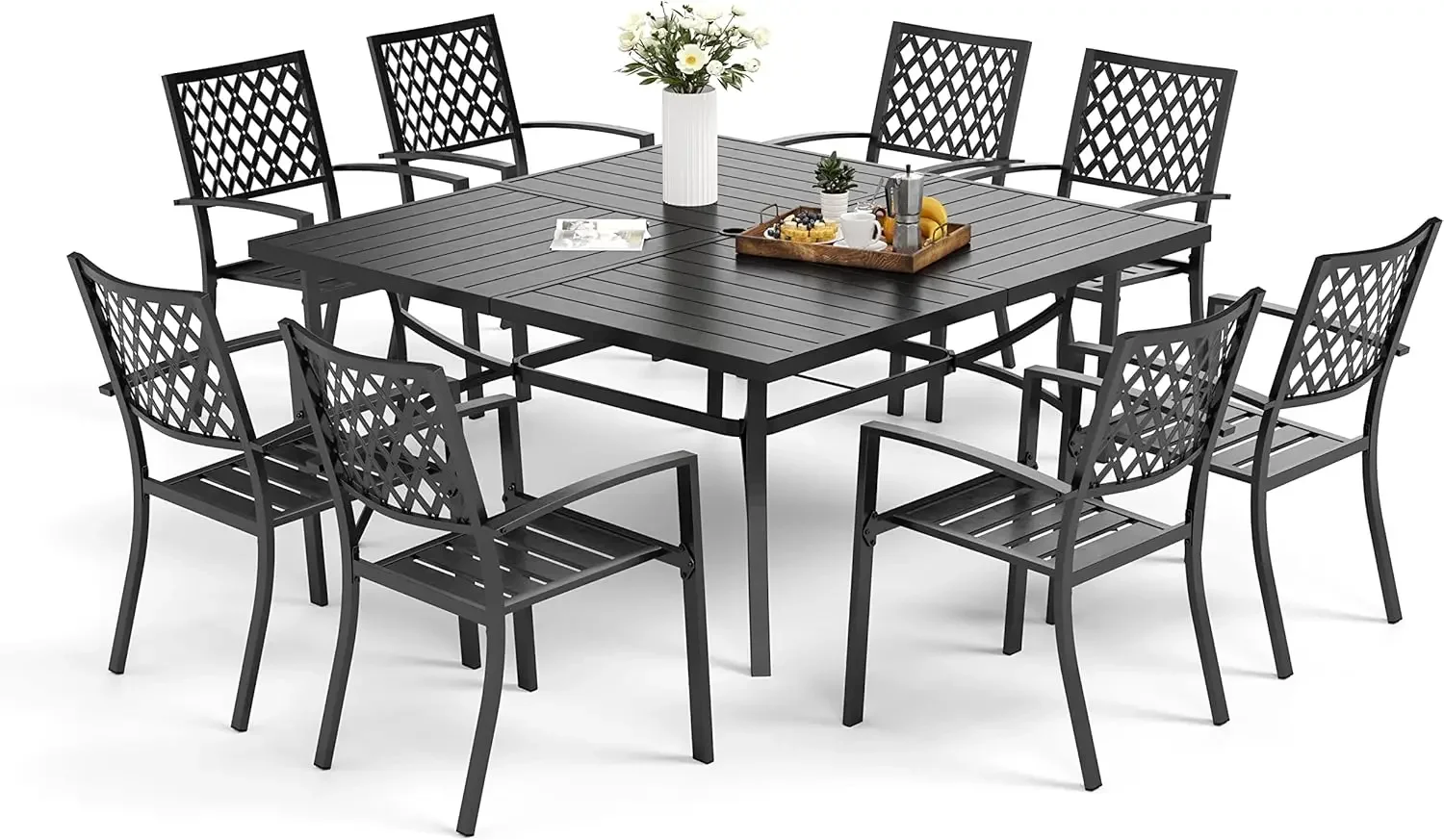 MFSTUDIO 9 PCS Outdoor Patio Dining Set, 8 Metal Chairs and 1 Square Dining Table with 1.57