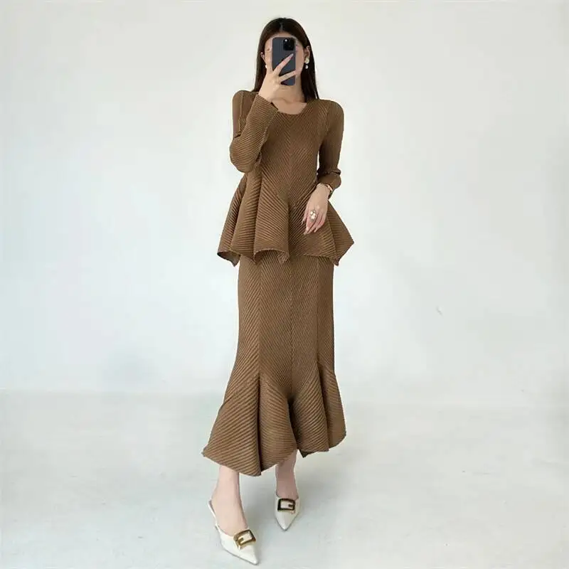 Skirt Fashion Mermaid Set Women's Chic New Design Long Sleeve T-shirt And Waist-Cinching Skirts Two-Piece Sets 2UCBT