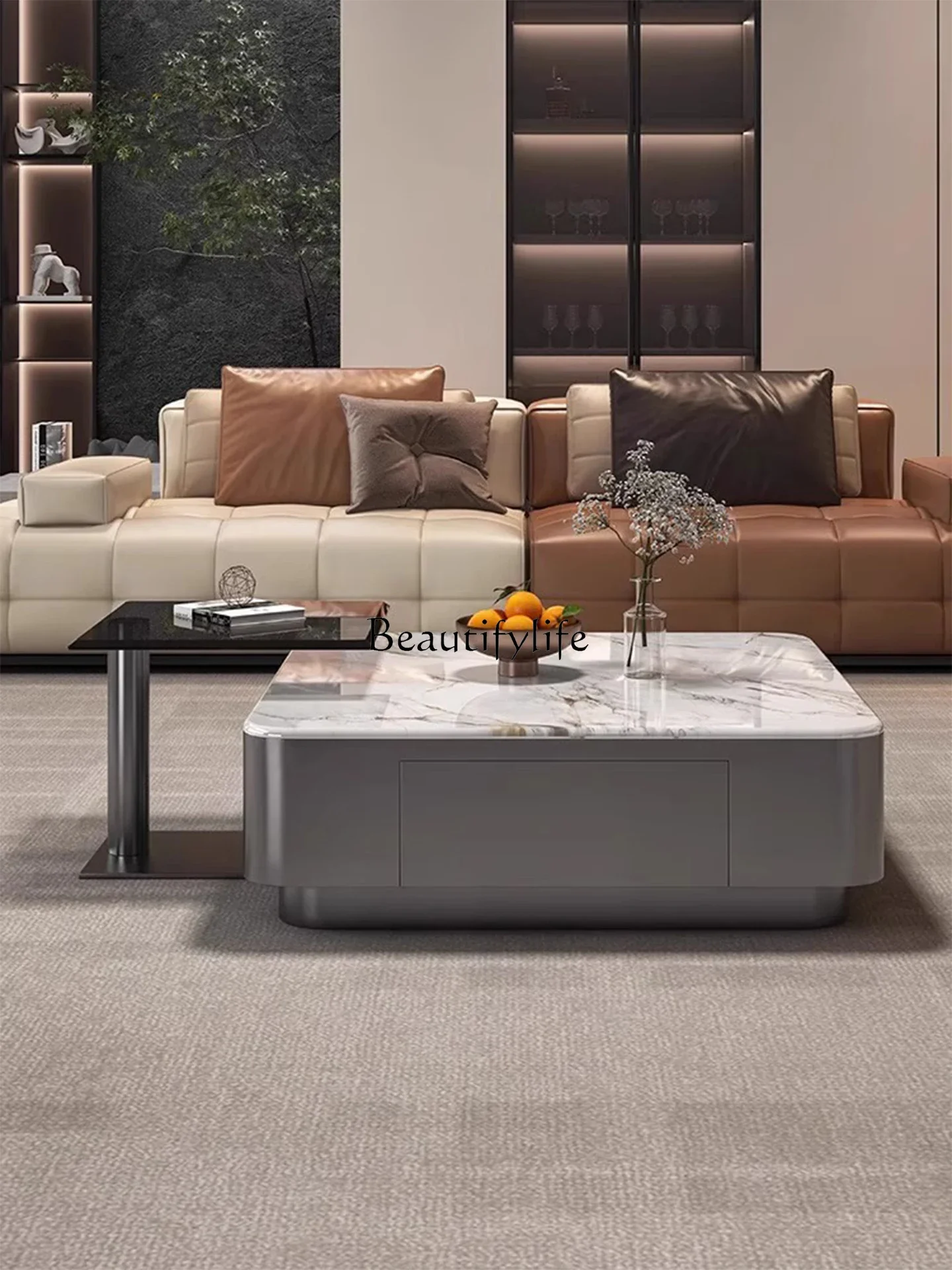 

01Natural marble round coffee table household living room small apartment combination