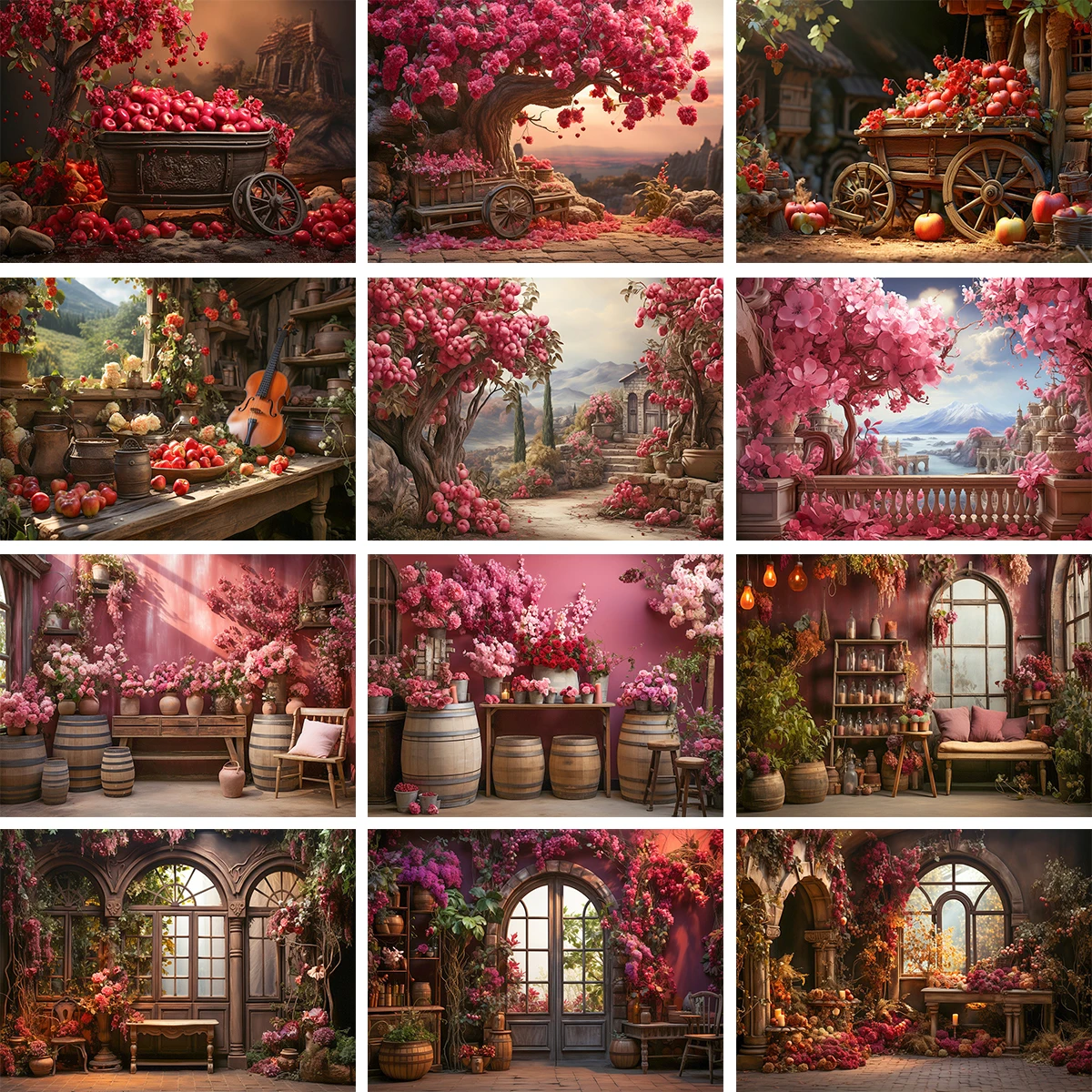 

Apple Tree Farm Backdrops Kids Baby Photography Child Adult Photocall Spring Floral Windows Old Red House With Cart Backgrounds