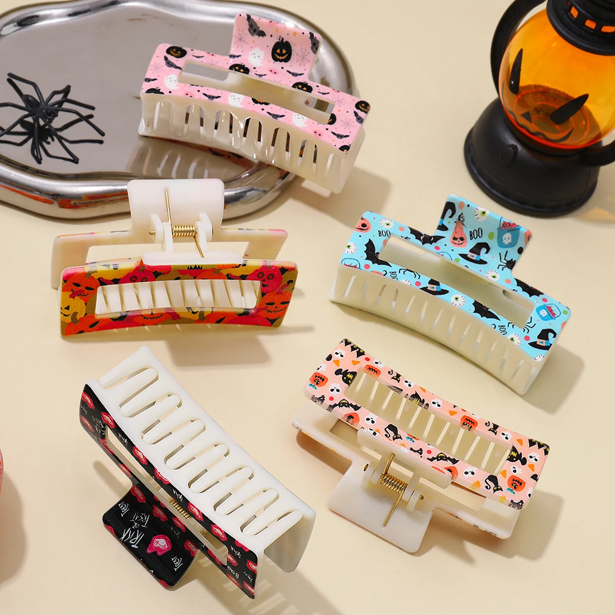 5-Pack Large Square Hollow out Halloween Shark Fin Hair Clips Cartoon Print Detailed Girls Hair Accessories for Styling