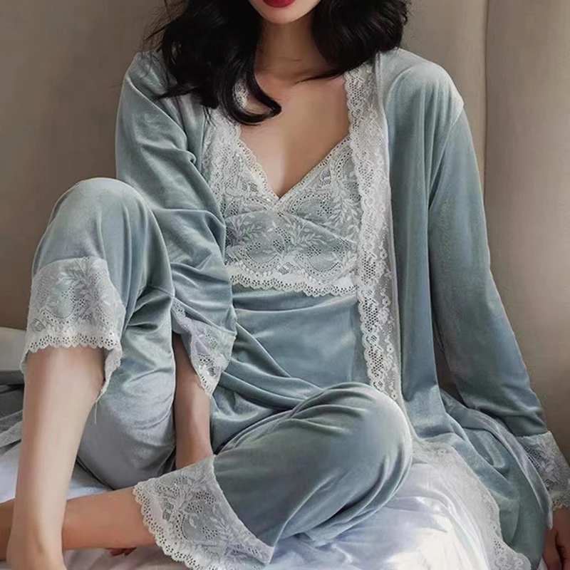 

Women Cami&Pant&Bathrobe Three Pieces Set Velvet Nightwear Sexy Homewear Cozy Winter Warm Loungewear Lace Trim Pyjamas Suit