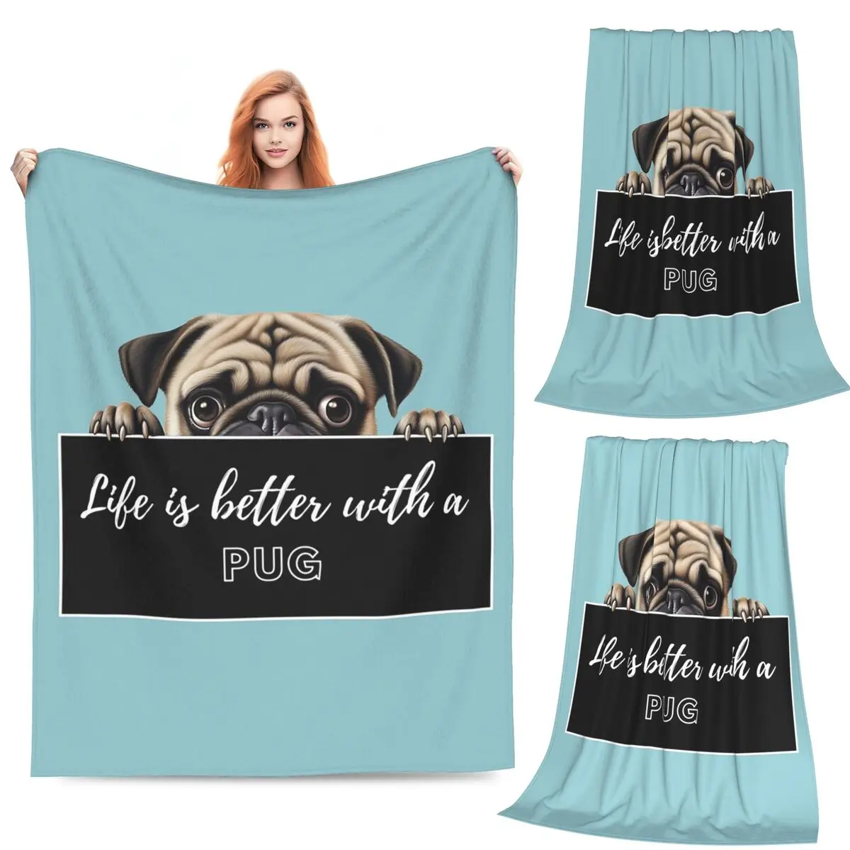 

Life Is Better With Dogs Pug Dog Blanket Fleece Sofa Throw Blanket Multi-function for Home Bedroom Travel Throws Bedspread Quilt