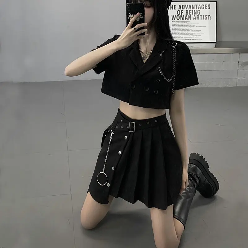 Yangelo Black Lapel Short Suit Jacket Female Punk Summer Button Short Sleeve Crop T-shirt Gothic Grunge Fairy Streetwear