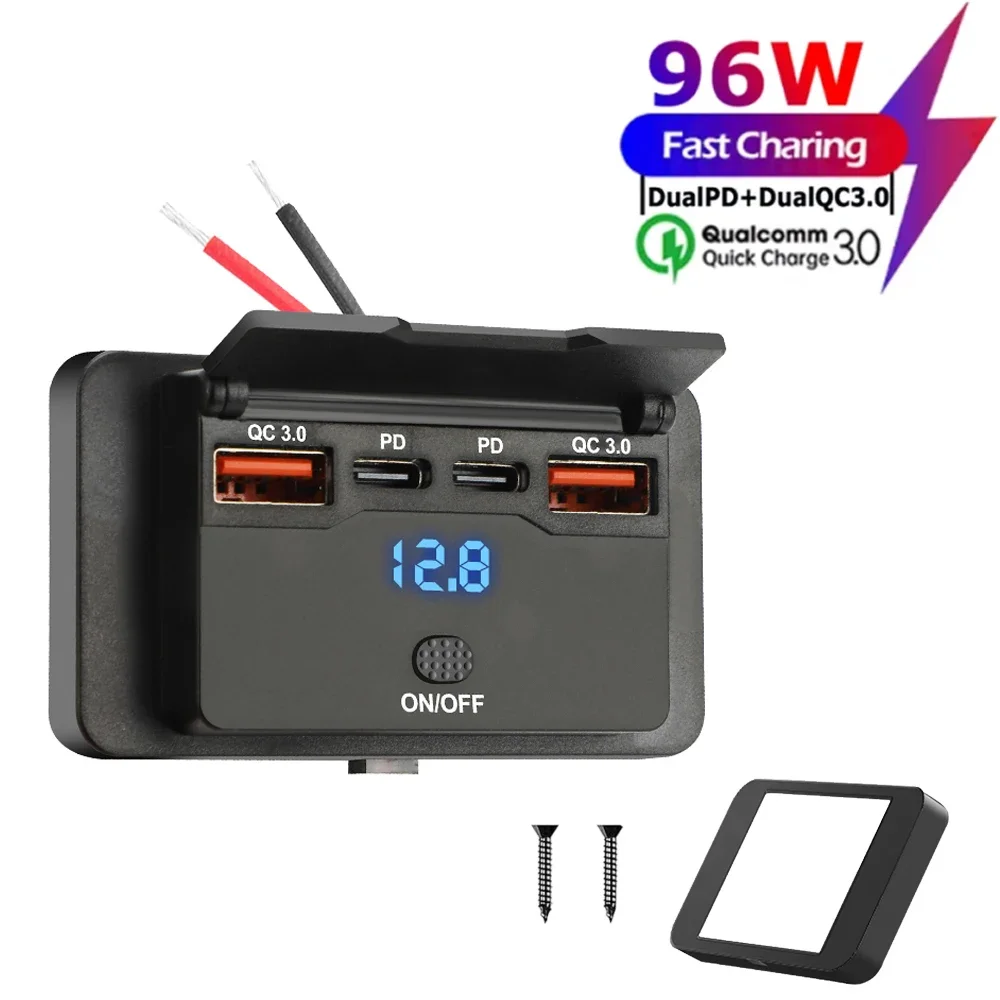 4 منافذ مزدوجة PD مزدوج QC 3.0 USB شاحن سيارة مع التبديل 96 واط مقبس شحن سريع USB الطاقة ل 12 فولت/24 فولت سيارة قارب حافلة RV شاحنة
