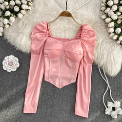 Korean Square Collar Shirt  Women Autumn 2023 Sweet Puff  Long sleeved Luxury Diamond Satin Female Slim Irregular Short Top