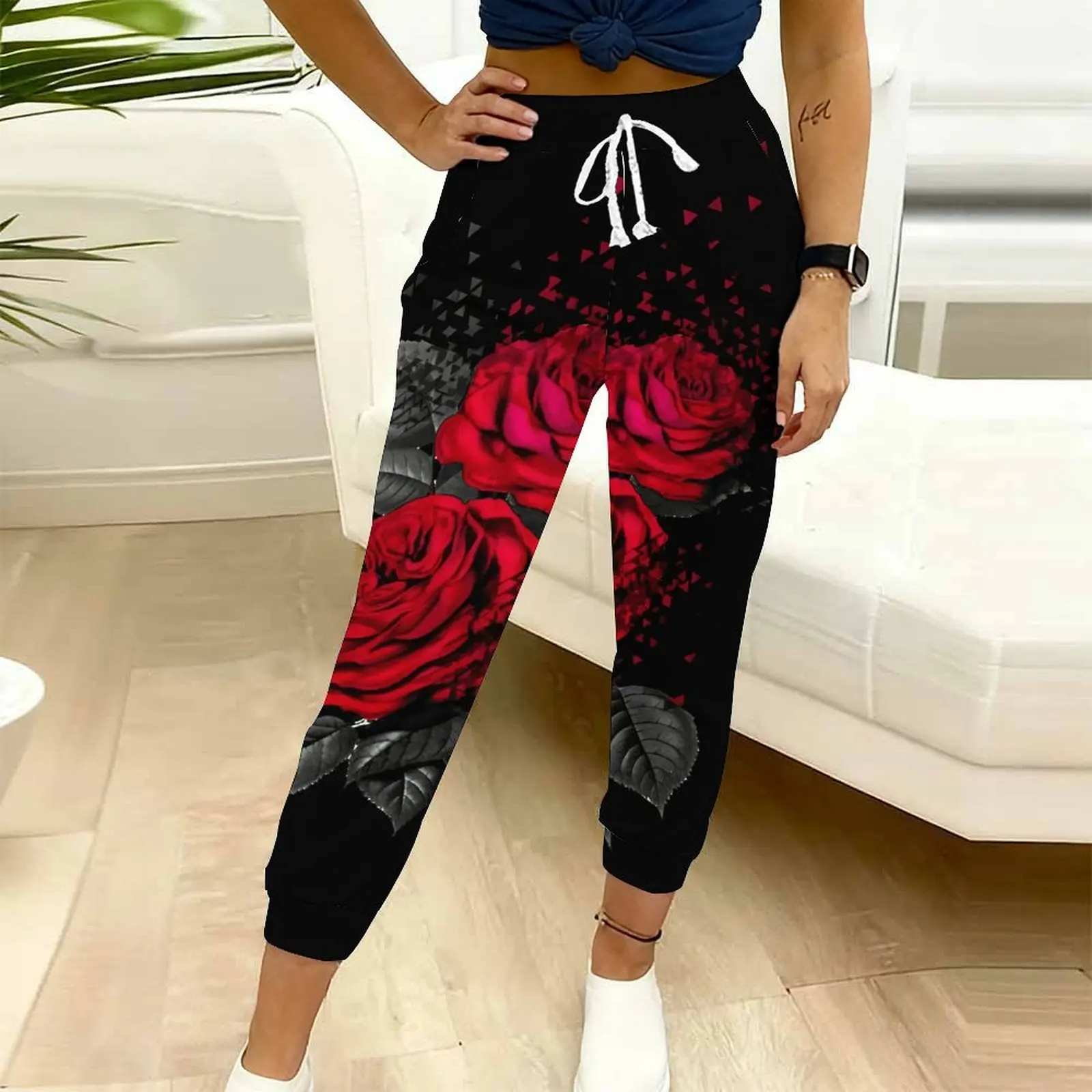Autumn Winter Women's Printed Ninth Pants Drawstring Pocket Sjogging Pants Vacation Casual Pants