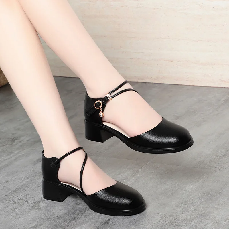 4.5cm All Match Spring Summer Round Head Med Block Heels Shoes 2026 Bandage Soft Leather Shoes Platform for Office Mom - view 4