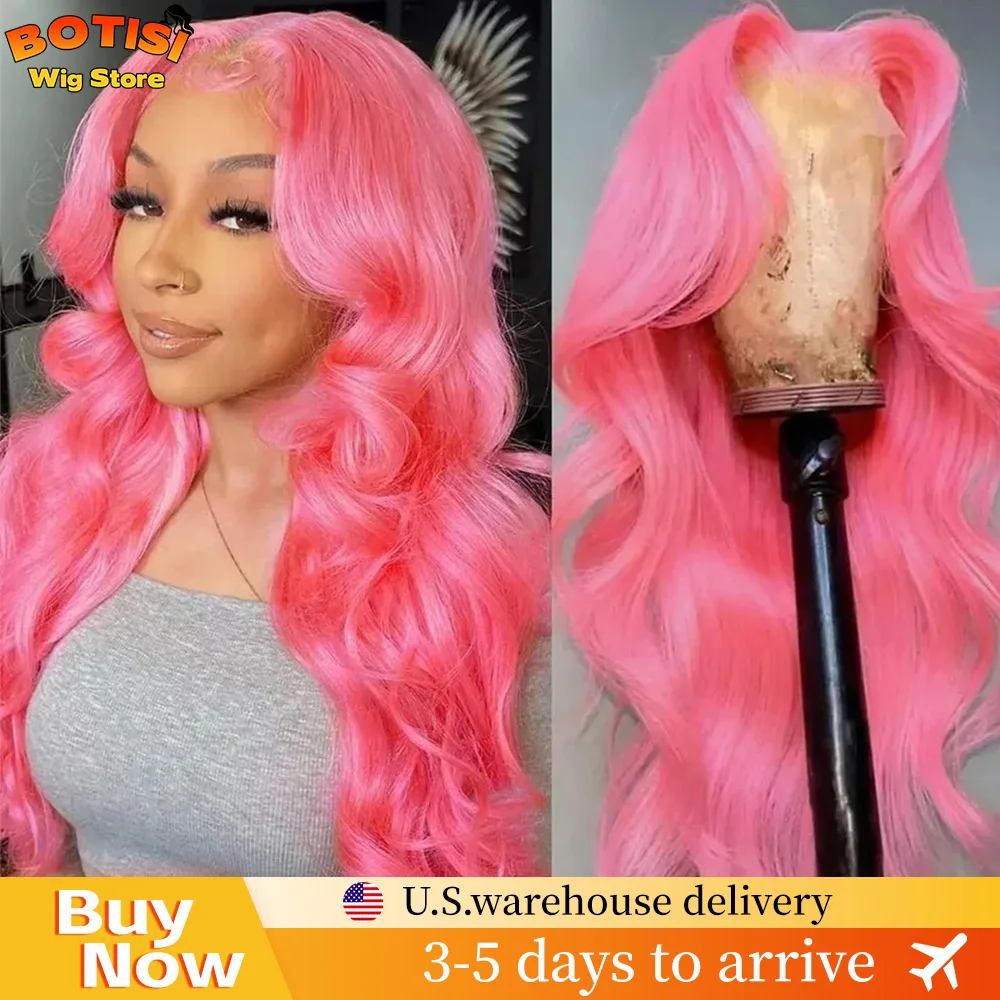 Peruca Rosa Botisi com Ondas Soltas, Peruca Frontal de Renda 13x4 com Ondas Soltas, Peruca Frontal HD 13x6 Colorida Pré-Pluck Rosa de Cabelo Humano Brasileiro