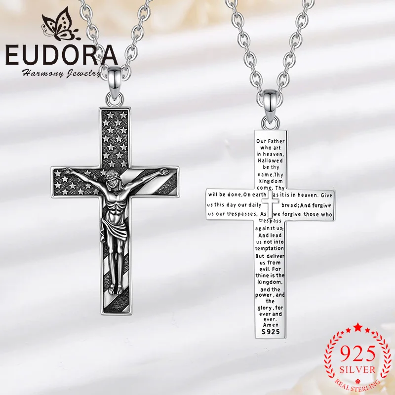 

Eudora New 925 Sterling Silver Crucifix Cross Necklace Christian Amulet Jesus Cross Pendant Religious Jewelry Gift for Men