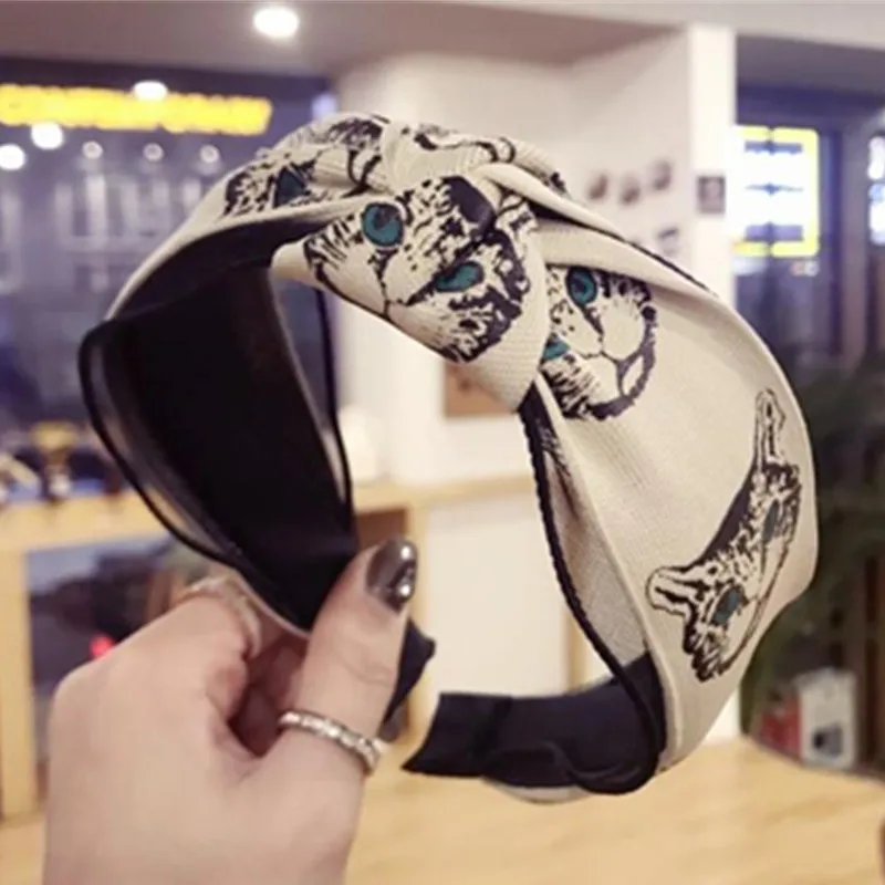 Lovely Cats Print Headband for Women Handmade Fabric Mesh Hairband Knot Ladies Holiday Travelling Headwear Wide Head Band