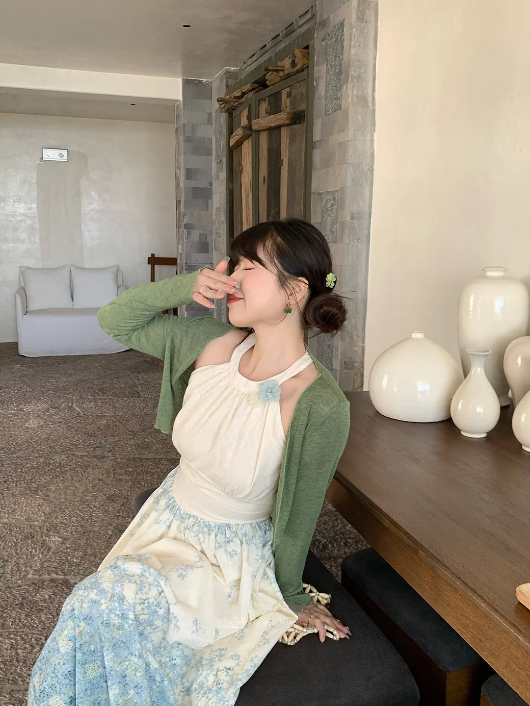

Mimi Large Size Faion Sweater Soft een Floral Spring Cardigan Loose Fit Long Sve ort Length Women's Knitted Wear