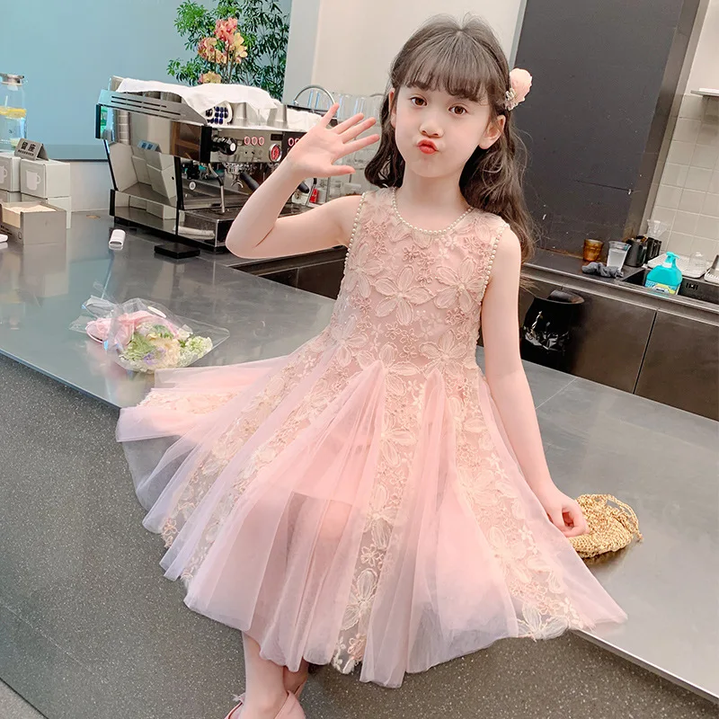 Summer New Girls Dress Lace Flower Embroidery Sleeveless Mesh Princess Dress For 3-10 Years Kids Party Stylish Gown Dress