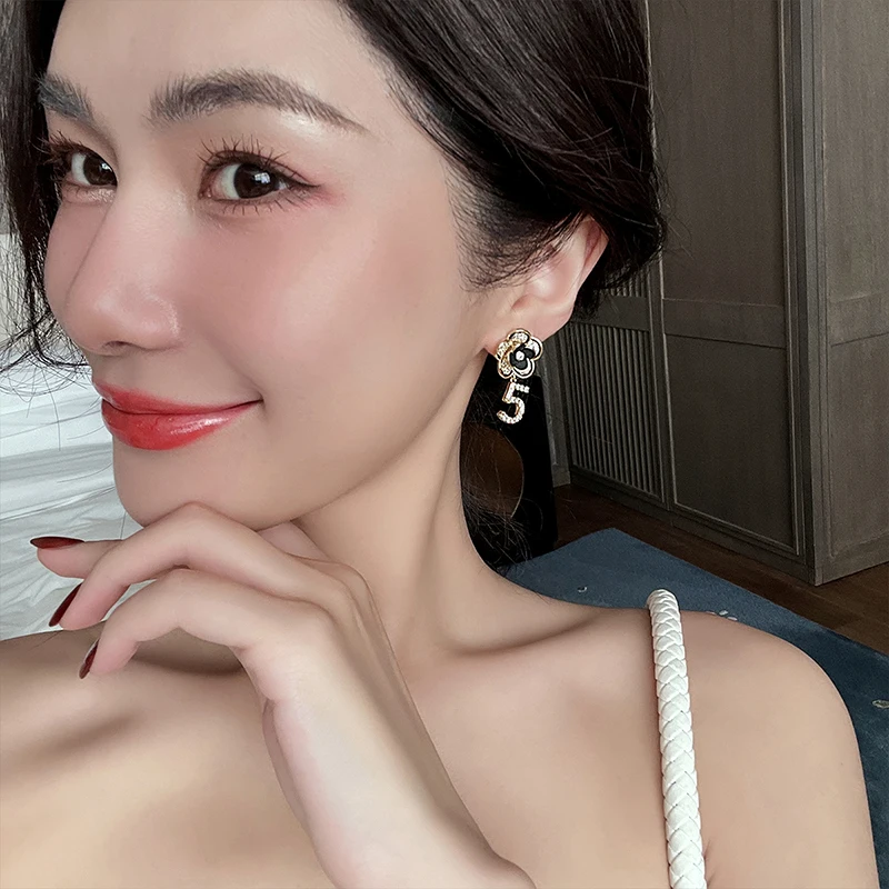 Luxury Exquisite Micro Inlaid Zircon Camellia Digital 5 Pendant Earrings Korean Fashion Jewelry For Woman High Sense Accessories