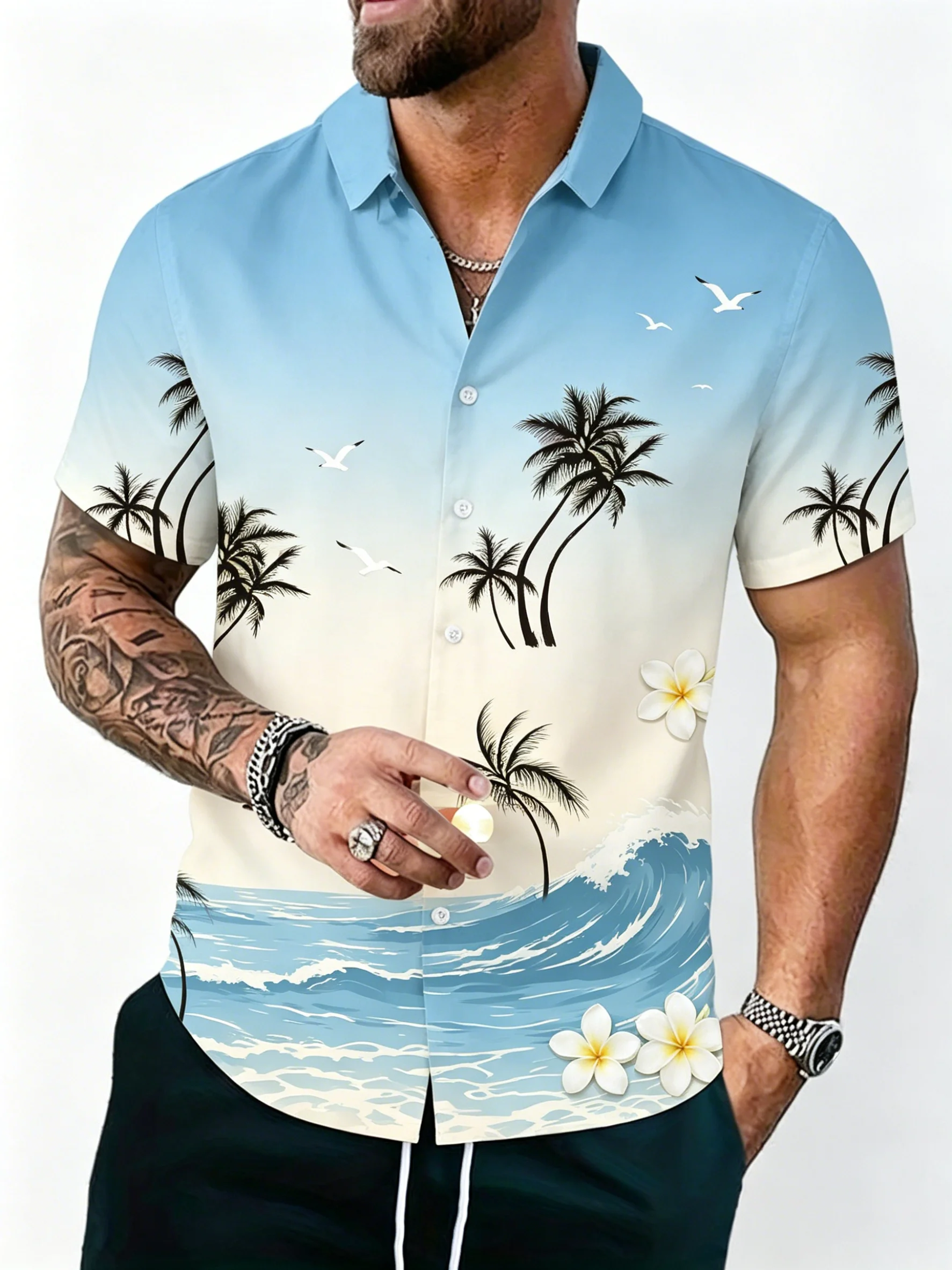 

Men's Blue Ombre Beach Wave & Plumeria Print Button Up Shirt, Turndown Collar Hawaiian Tops for Spring Summer Casual Daily Wear