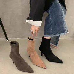 Sexy Thin Low Heels Pointed Toe Ankle Boots Woman Party Shoes Fashion Black Brown Spring Autumn Zipper Concise Short Booties