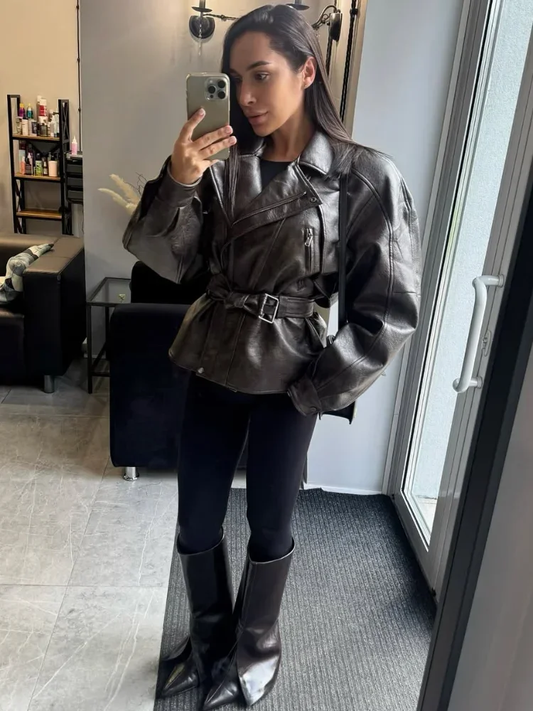 Chaqueta corta de cuero con cuello de solapa liso para mujer, ropa de abrigo holgada de manga larga con cinturón y bolsillo con cremallera, abrigos diarios de otoño 2025