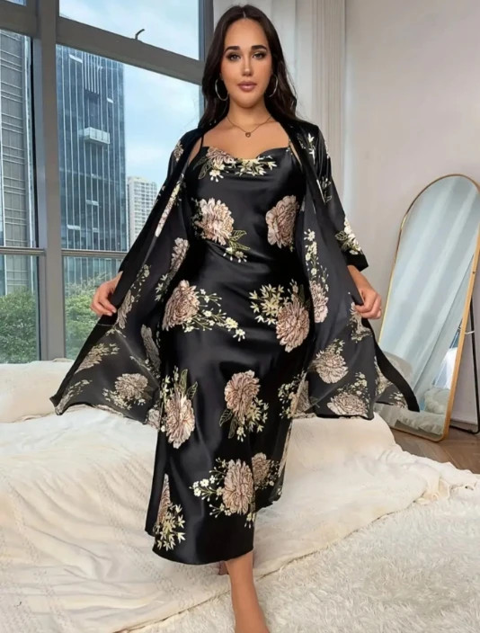 Large size sleepwear women\'s long imitation silk sexy nightgown set, fashionable and casual loose printed sleepwear 2-piece set