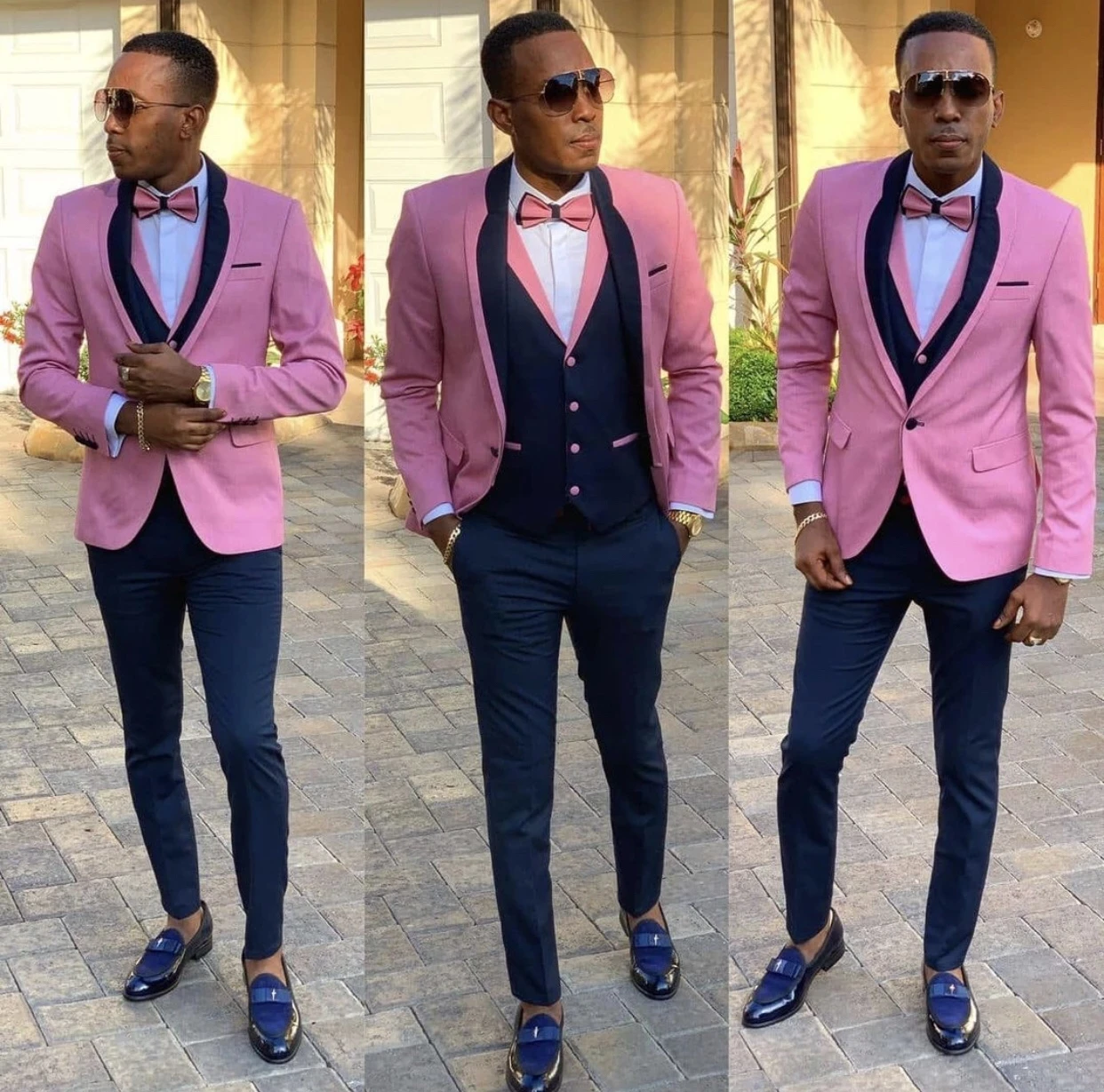 Homem moda rosa masculino ternos fino ajuste noivo vestir formal casamento smoking traje mariage homme fumar negócios (jaqueta + colete + calças)