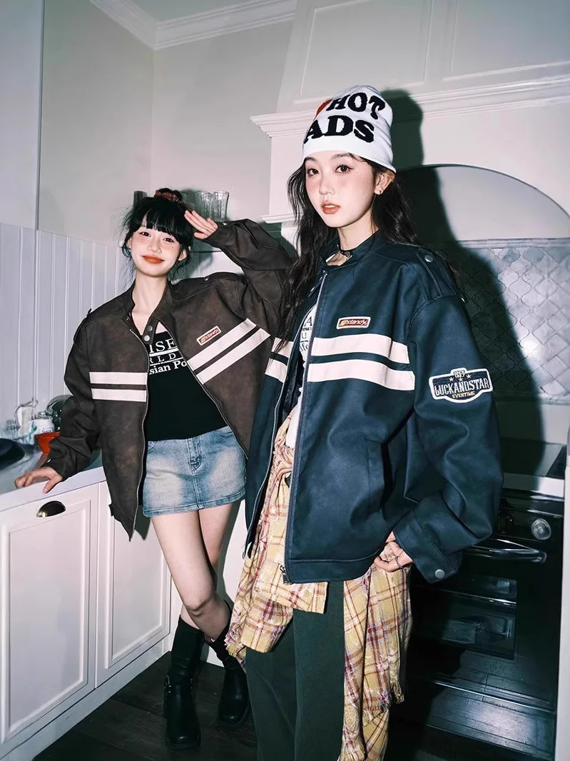 

Retro American Striped Color Block Racing Style Men's Leather Jacket Spring Autumn Couple's Coat Loose Fit Long Sleeve Zipper