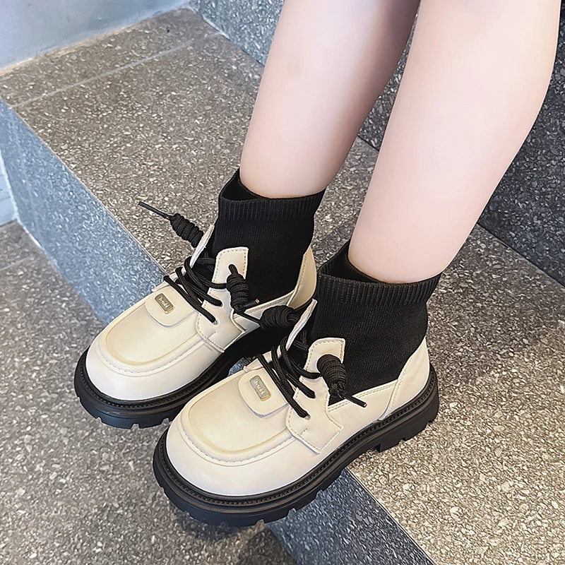 New Girls Socks Boots Black Beige Thick Bottom Kids Causal Fashion Boots Round-toe Patchwork Princess Children Shoes Non-slip