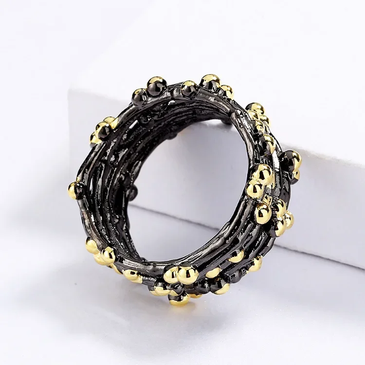 Retro Wave Dot Ring Necklace Stud Earrings 3pcs Set Fashion Black Gold Jewelry Set for Women Wedding Party Gift