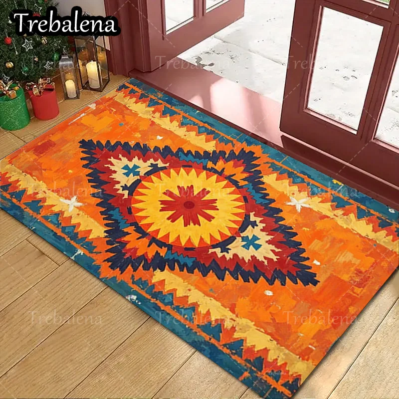 

1pc Welcome Door Mat Boho Sunburst Pattern Doormat Vibrant Colorful Tribal Design Entrance Rug