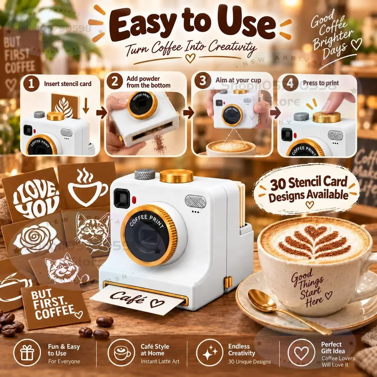 3D Printed Latte Art Camera,Manual Coffee Printer with 4 Coffee Stencils and 2 Mesh Filters,Mechanical Powder Art Maker for Home