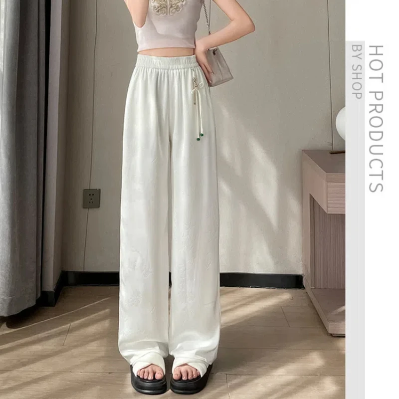 New Chinese Jacquard Satin Wide Leg Pants Summer High Waist Pendant Tassel Ice Silk Straight Leg Pants Trendy