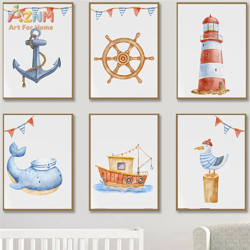 AZNM Watercolor Nautical Canvas Wall Art Print, Lighthouse Anchor Whale Ship Wheel Seagull Cute Blue Marine Kids Nursery Bedroom