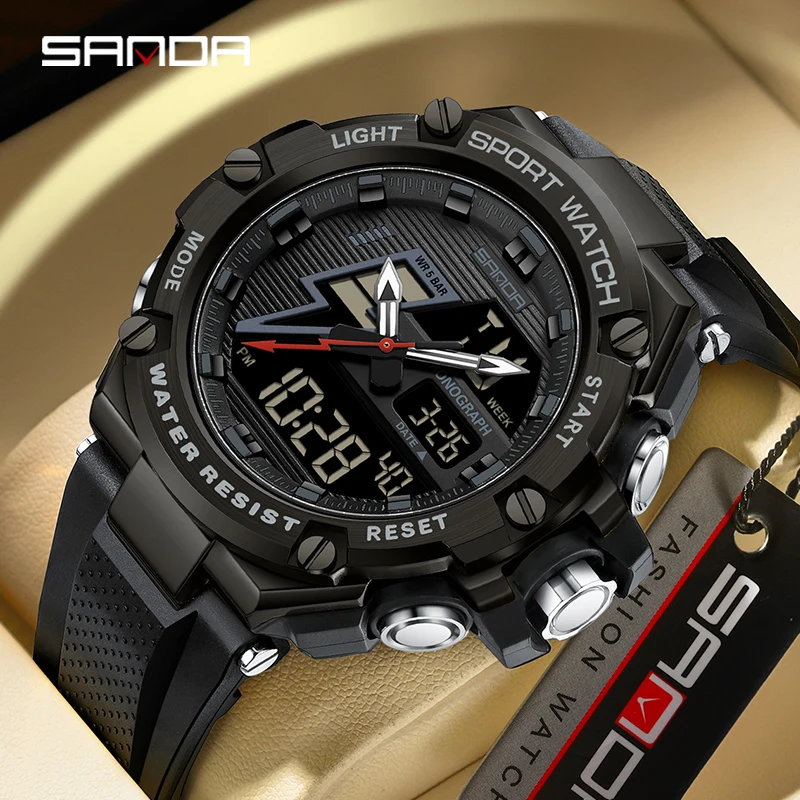 SANDA jam tangan pria Stopwatch kedap air jam tangan pria Chronograph Electron jam tangan olahraga luar ruangan Quartz tampilan ganda jam tangan Digital LED