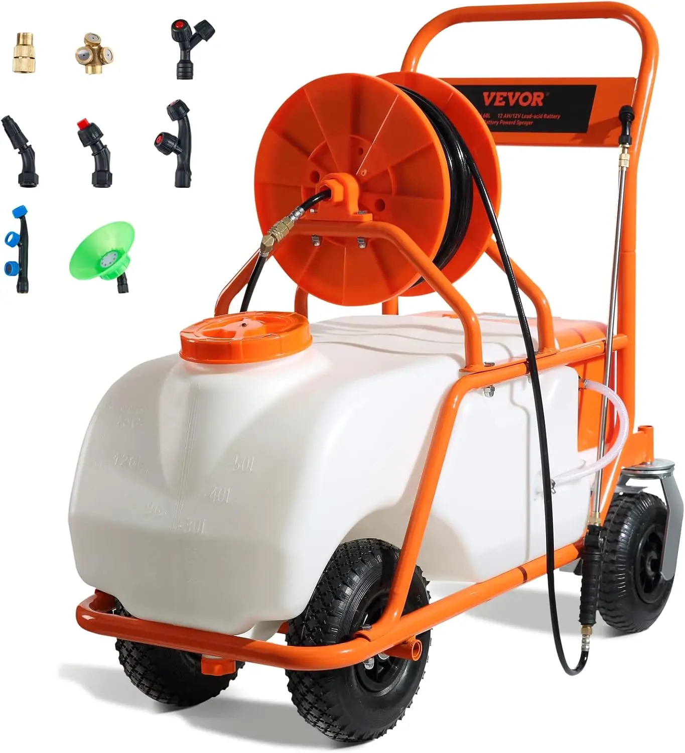 Powered 15 Gallon Garden Weed Sprayer with Wheeled Cart, 126FT Hose with Reel, 8 Nozzles, 2 Wands with Lock Trigge