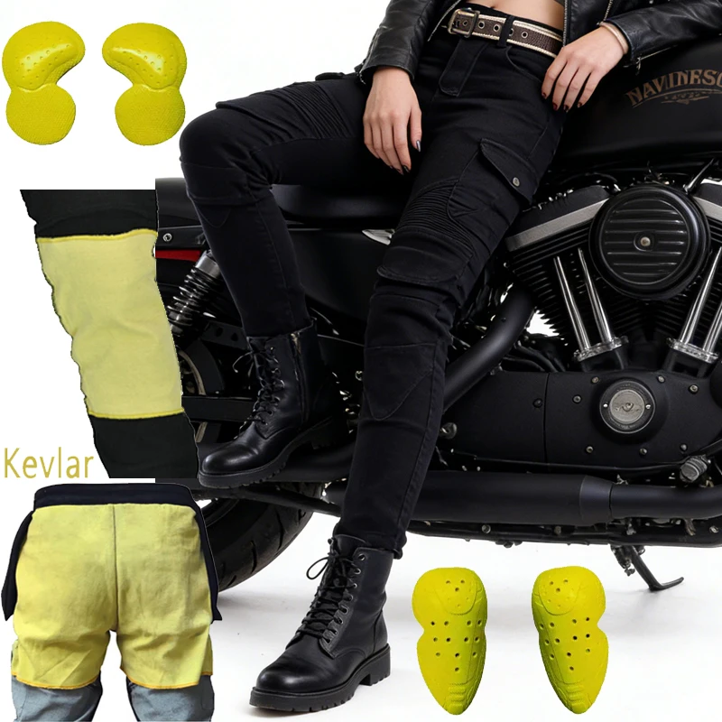Spring Autumn Kevlar Motorcycle Riding Pants Women Aramid Motocross Racing Jeans Protective Wear Resistant Gear pockets 06