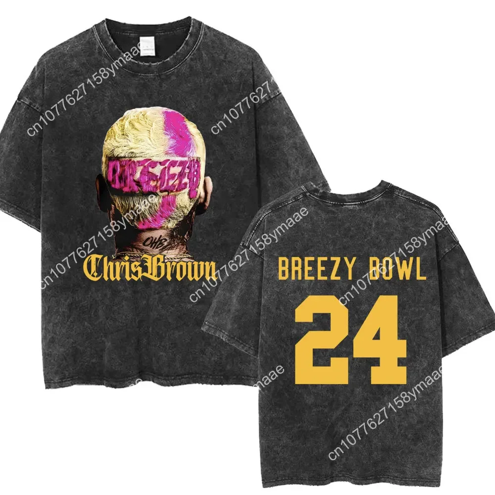 Chris Brown Breezy Bowl XX Concert Tour Washed T Shirts Vintage Hip Hop Gothic Women Men Oversized Cotton T-shirt for Fans Gift
