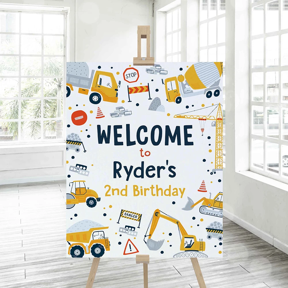 Custom Construction Birthday Welcome sign Poster Dump Truck Digger Excavator Personalized Art Print Baptism Picture Party Decor